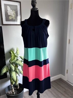 Enfocus Studio Navy Midi Dress with Mint and Coral Stripes